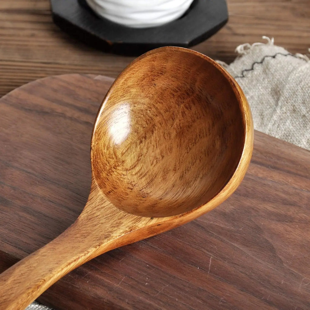 Handmade Natural Wood Eco-Friendly Lightweight Spoon Long Handle Durable Wooden Kitchen Utensil Serving Soup Stew Curry Set of 2