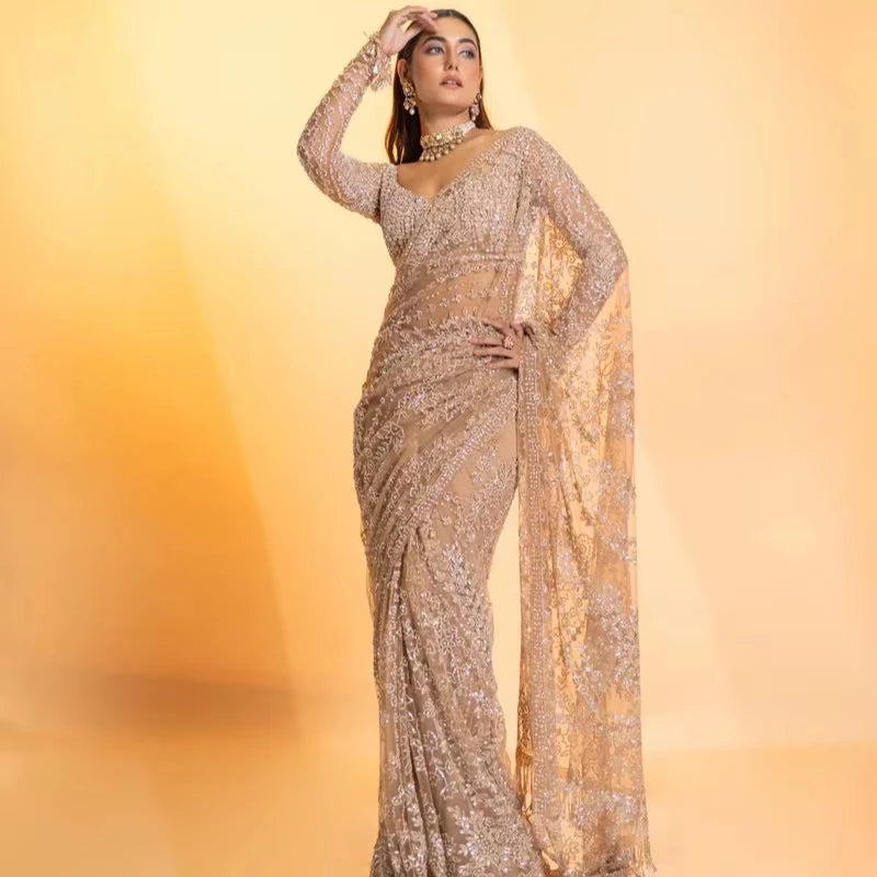 Beautiful Georgette Saree with Sequence Work with Sequence Lace Border Wedding Wear Saree Designer Party Wear Saree