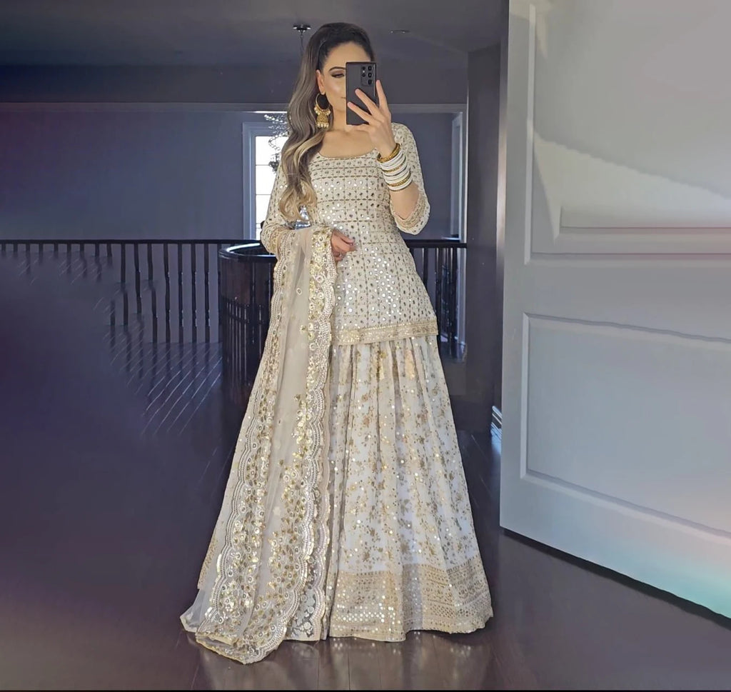 Readymade Traditional Ethnic Indian Pakistani Lehenga & Dupatta Set, Georgette With Embroidery Work Full Stitching Party Wear