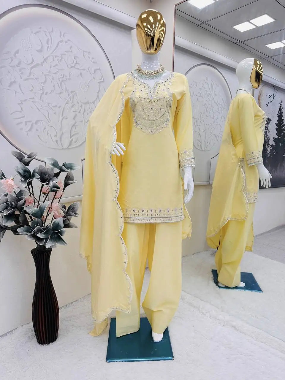 Traditional Silk Cotton Midi Party Wear Stitched Sharara Gharara Indian Embroidery Work 3-Piece Set Ready-Made Designer Ethnic