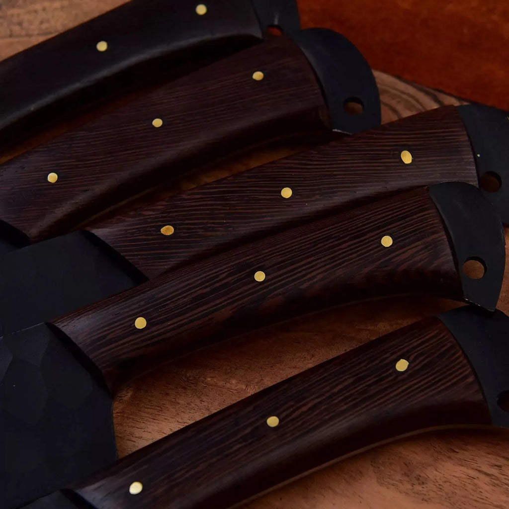 Custom Handmade Eco-Friendly 5-Piece Stainless Steel Kitchen Chef Set Straight Ambidextrous Wood Handles Black Powder Coating