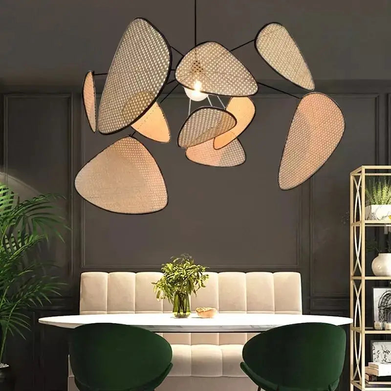 Hand-Woven Rattan Leaf Grid Chandelier E27 Wicker Pendant Lamp