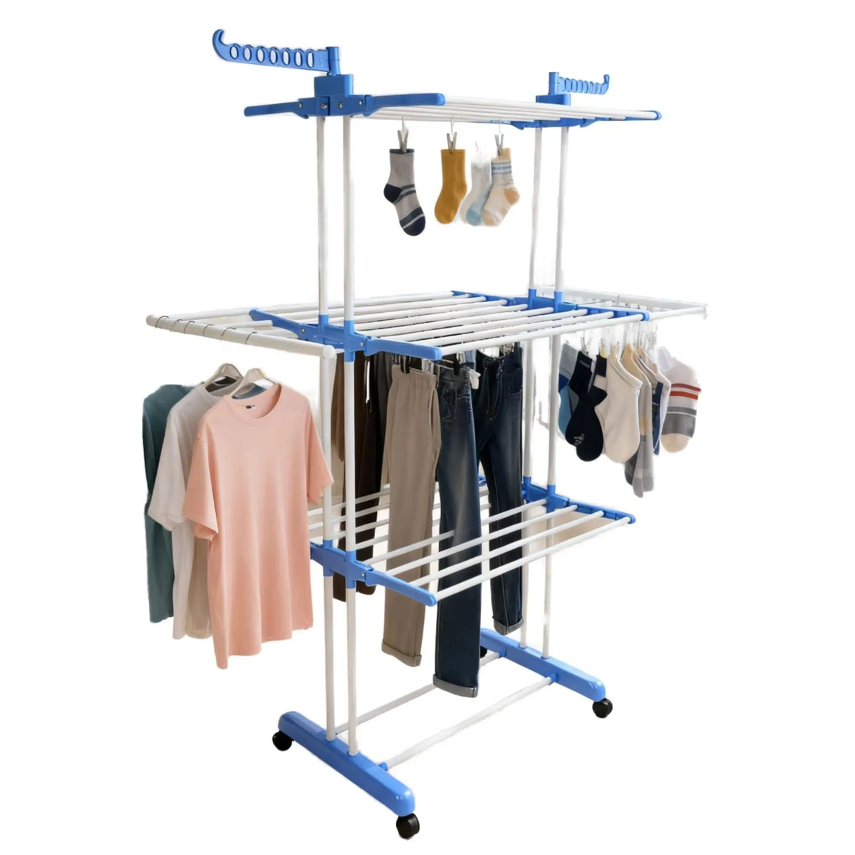 New Hot Sale Indoor Wardrobe Floor-standing Folding Mobile Iron Multi-functional Three-layer Towel Drying Rack