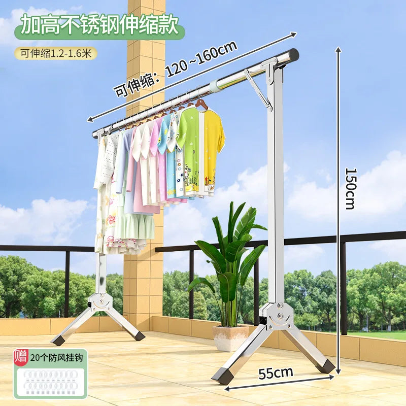 Foldable Extendable Single Rod Clothes Drying Rack Freestanding Laundry Garment Stand For Balcony Indoor Use