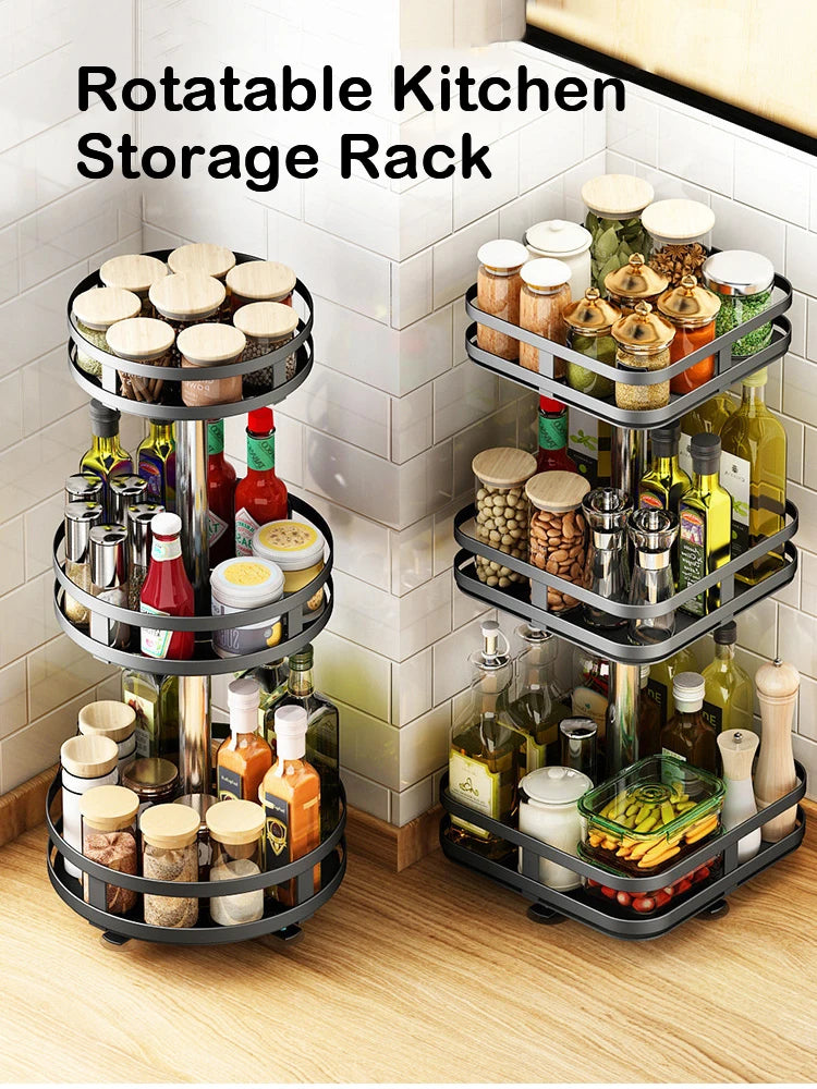 Multifunction Kitchen 3-layer Rotating Tray Storage Organizer Carbon Steel Spices Container Set Rack Jar Cans for Accessories