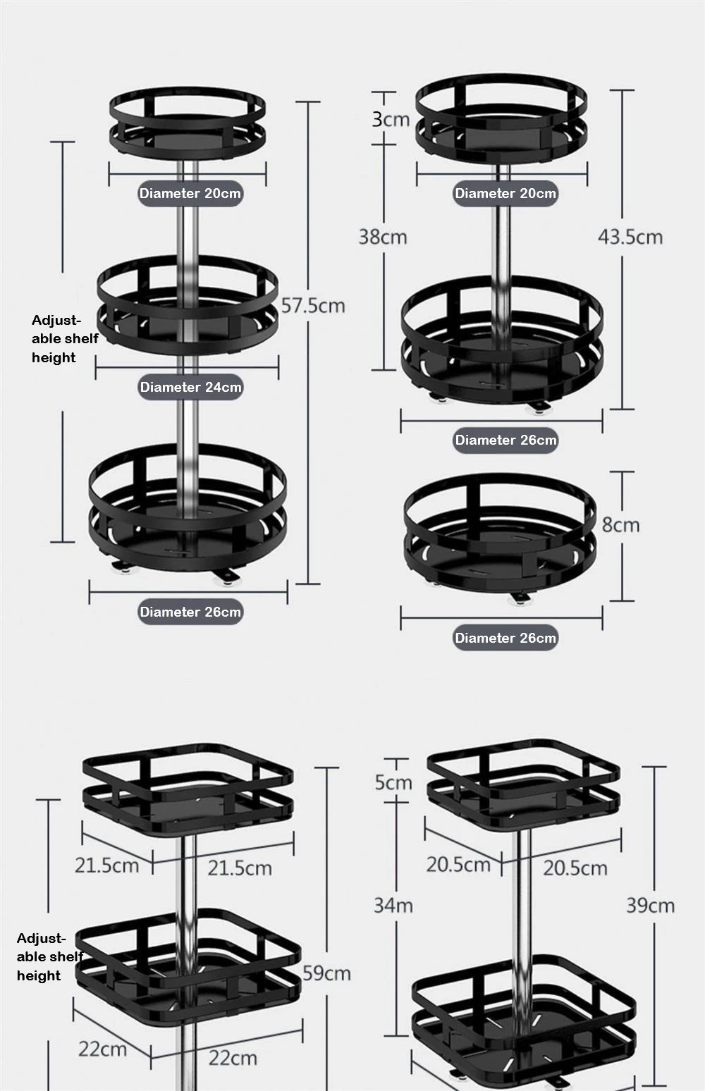 Multifunction Kitchen 3-layer Rotating Tray Storage Organizer Carbon Steel Spices Container Set Rack Jar Cans for Accessories