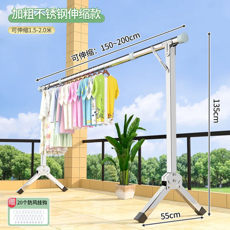 Foldable Extendable Single Rod Clothes Drying Rack Freestanding Laundry Garment Stand For Balcony Indoor Use
