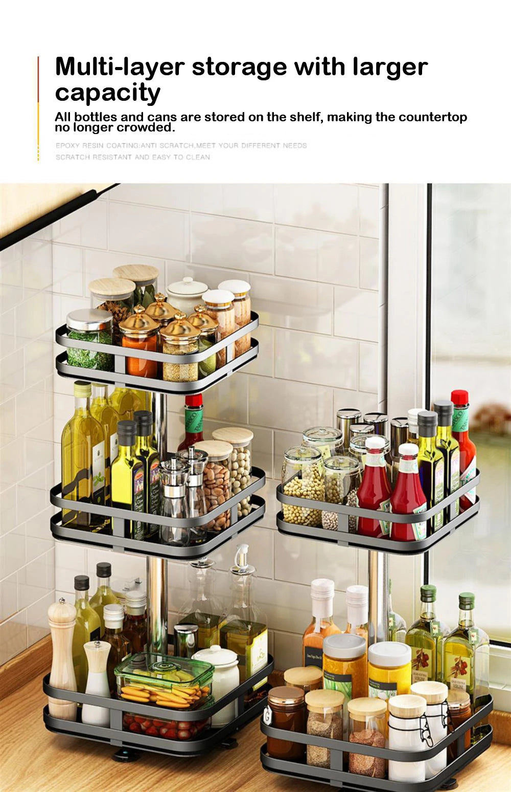 Multifunction Kitchen 3-layer Rotating Tray Storage Organizer Carbon Steel Spices Container Set Rack Jar Cans for Accessories