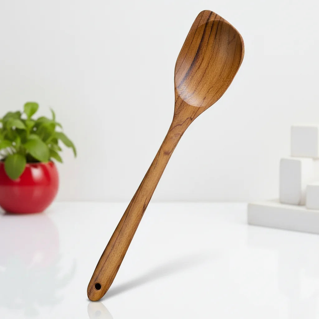 13.5" Left-Handed Corner Wooden Spoon-Angled Thai Teak Cooking Utensil Ergonomic Design Food Safe Nonstick for Handcrafted