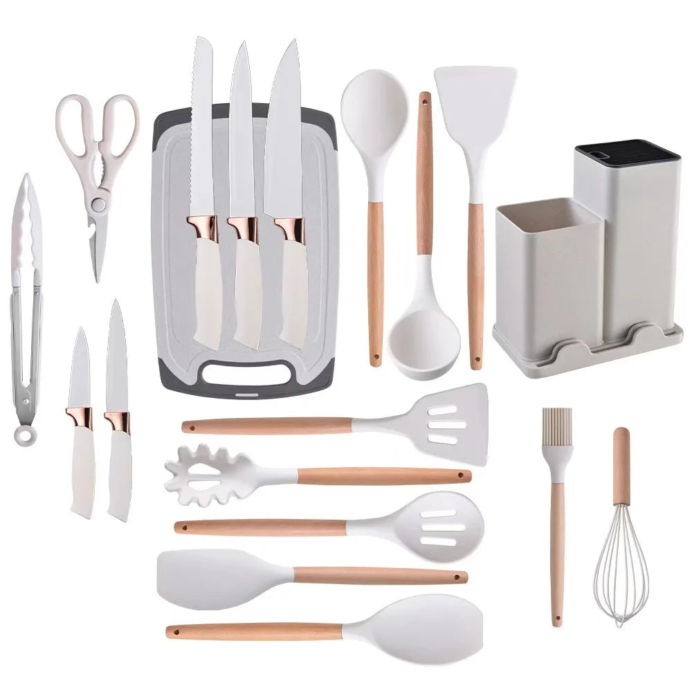 New Bamboo 19-Piece Kitchen Utensil Set with Non-Stick Cookware Wooden Handles Professional Kitchen Tools