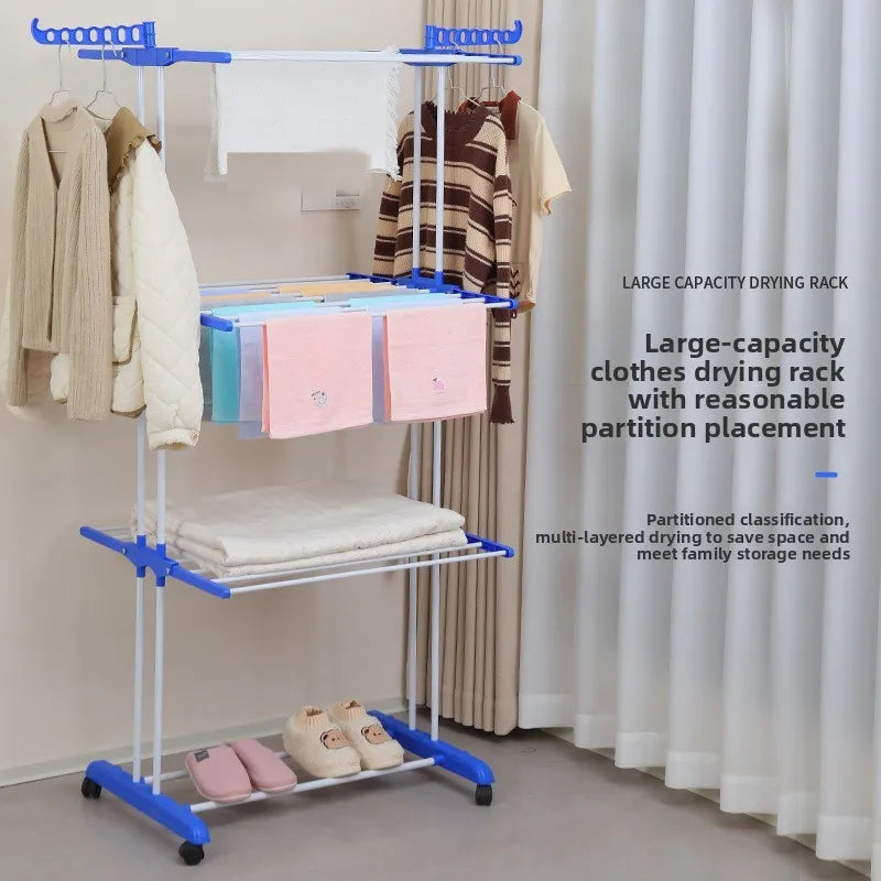 New Hot Sale Indoor Wardrobe Floor-standing Folding Mobile Iron Multi-functional Three-layer Towel Drying Rack
