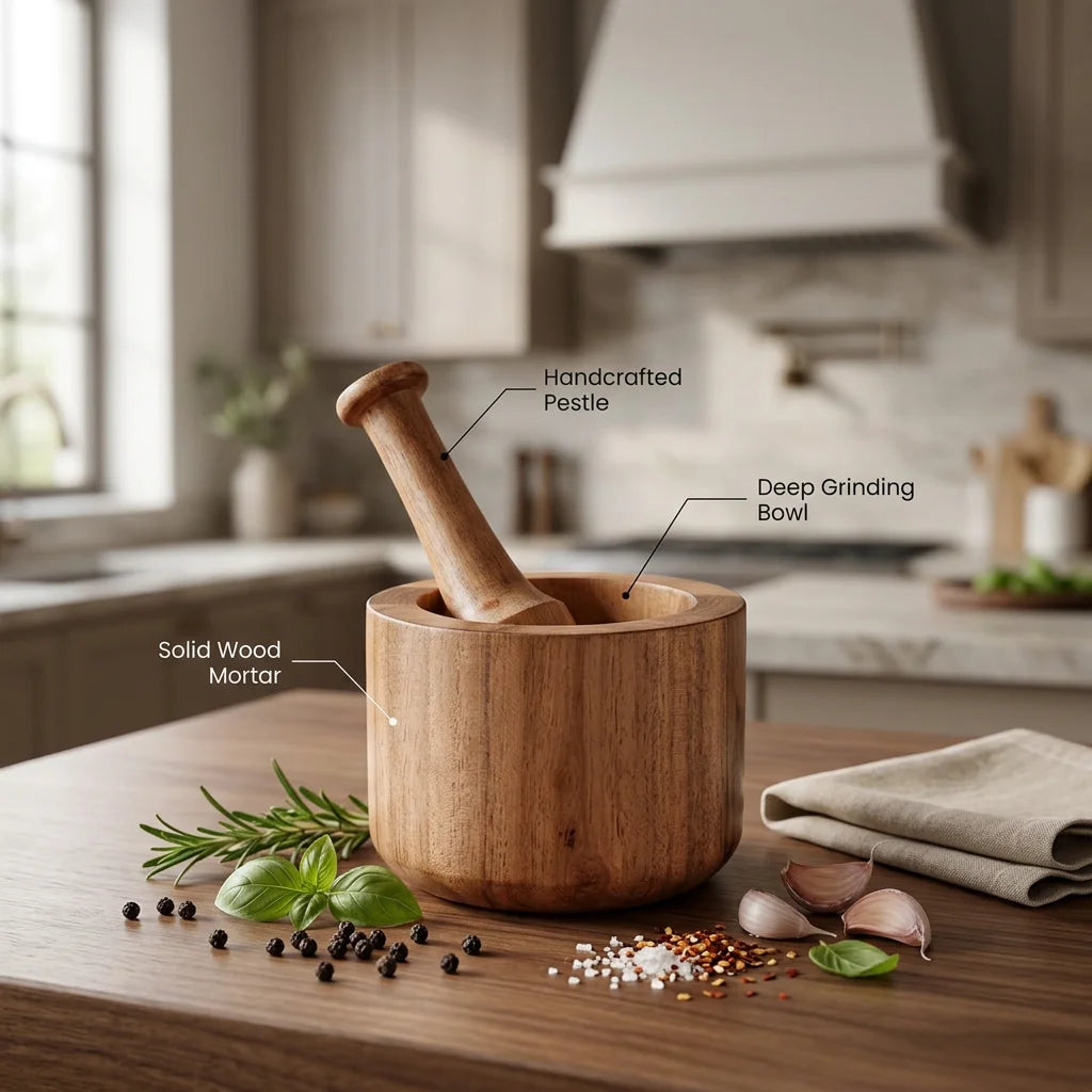 Acacia Wood Mortar Pestle Set Multifunctional Spice Grinder Garlic Masher Herb Crusher Household Seasoning Kitchen Use