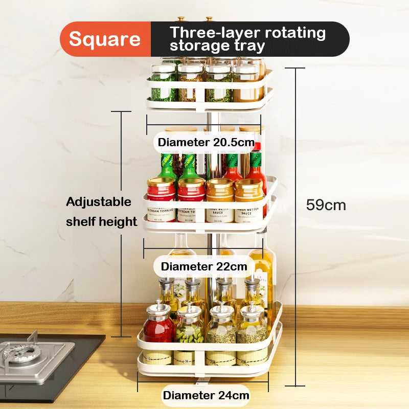Multifunction Kitchen 3-layer Rotating Tray Storage Organizer Carbon Steel Spices Container Set Rack Jar Cans for Accessories