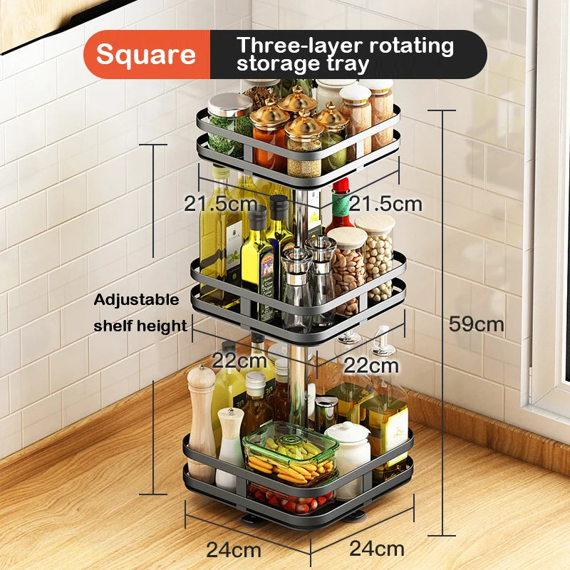 Multifunction Kitchen 3-layer Rotating Tray Storage Organizer Carbon Steel Spices Container Set Rack Jar Cans for Accessories