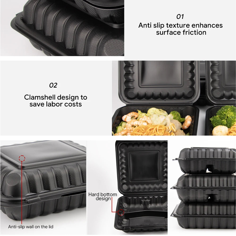 Black Single Compartment MFPP Clamshell Takeout Box Disposable Food Grade Microwave Safe Lunch Container Wholesale Bulk