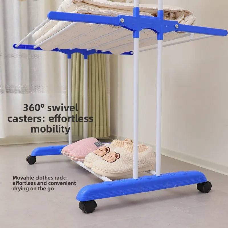 New Hot Sale Indoor Wardrobe Floor-standing Folding Mobile Iron Multi-functional Three-layer Towel Drying Rack