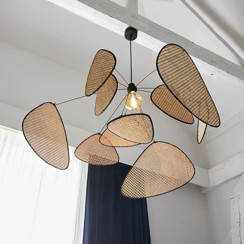 Hand-Woven Rattan Leaf Grid Chandelier E27 Wicker Pendant Lamp