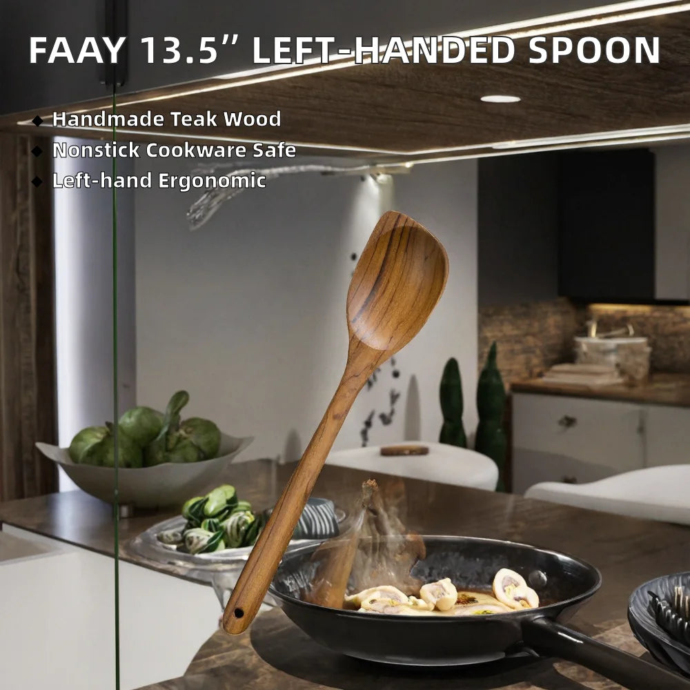 13.5" Left-Handed Corner Wooden Spoon-Angled Thai Teak Cooking Utensil Ergonomic Design Food Safe Nonstick for Handcrafted