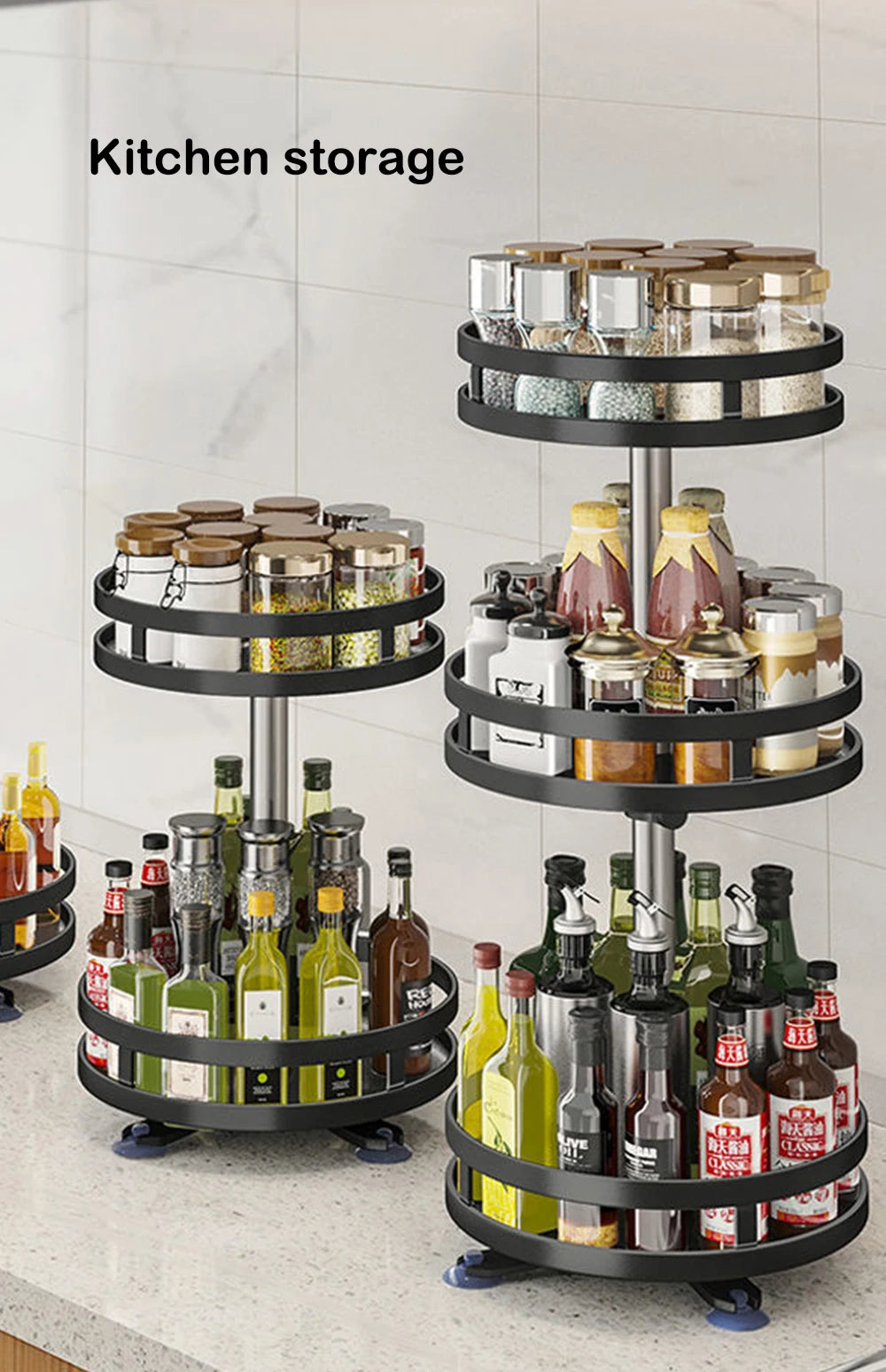 Multifunction Kitchen 3-layer Rotating Tray Storage Organizer Carbon Steel Spices Container Set Rack Jar Cans for Accessories
