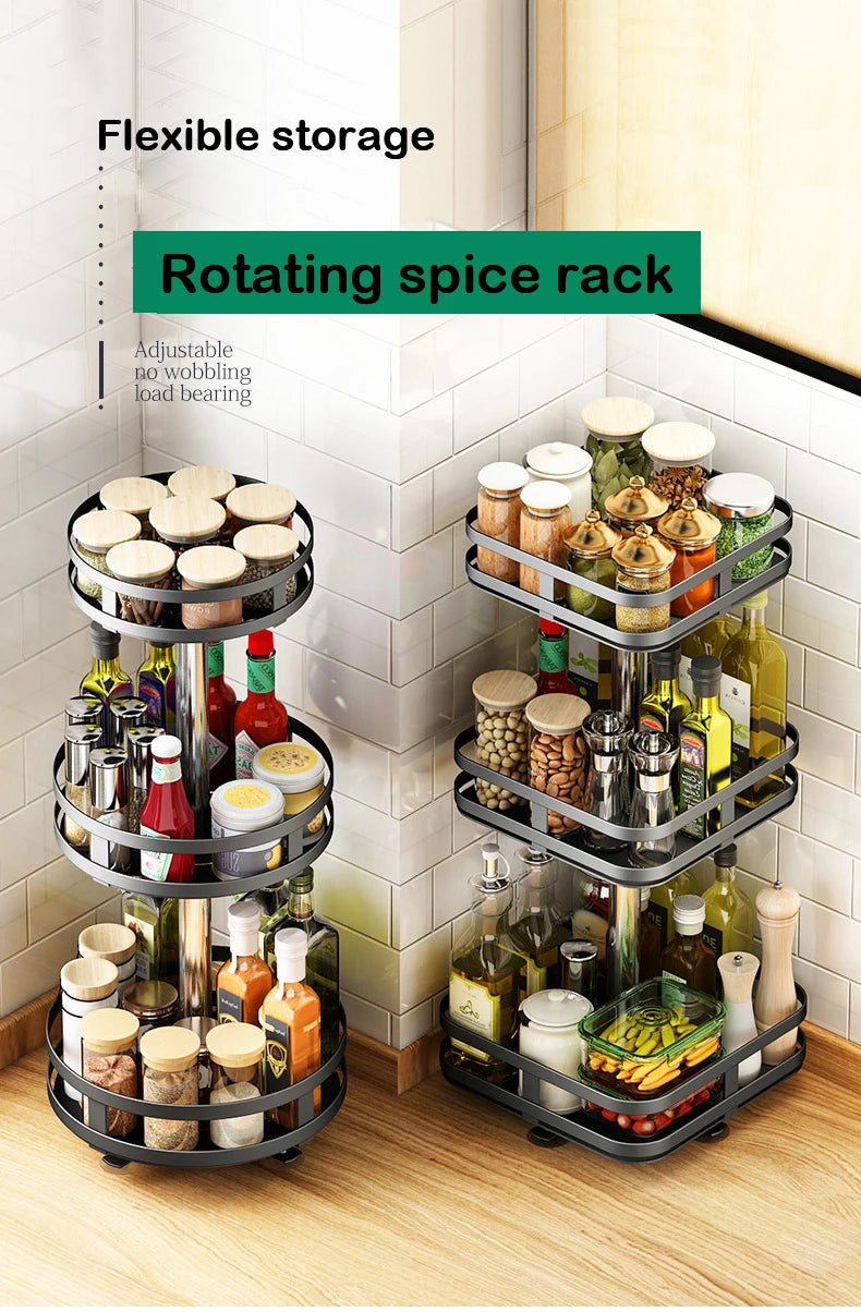 Multifunction Kitchen 3-layer Rotating Tray Storage Organizer Carbon Steel Spices Container Set Rack Jar Cans for Accessories