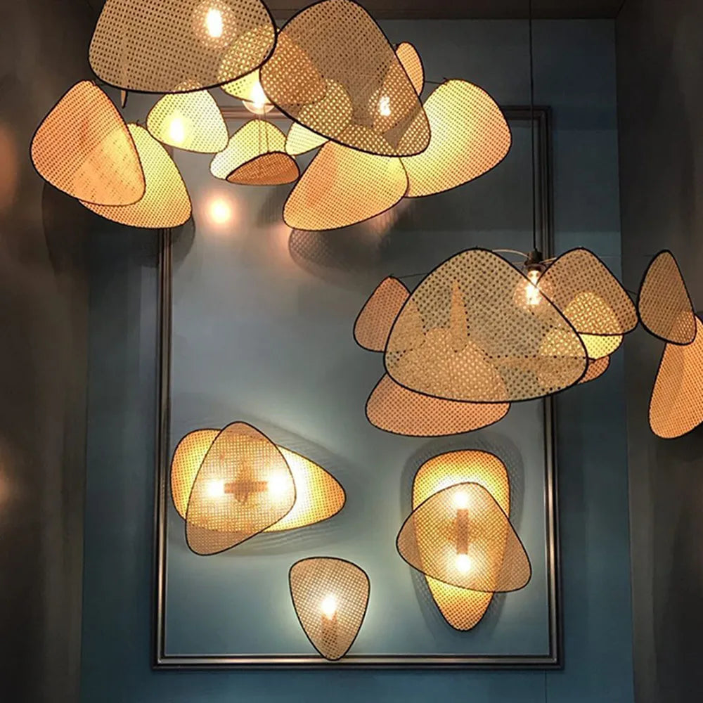 Hand-Woven Rattan Leaf Grid Chandelier E27 Wicker Pendant Lamp