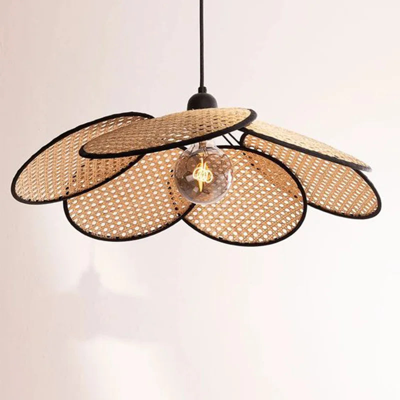 Hand-Woven Rattan Leaf Grid Chandelier E27 Wicker Pendant Lamp