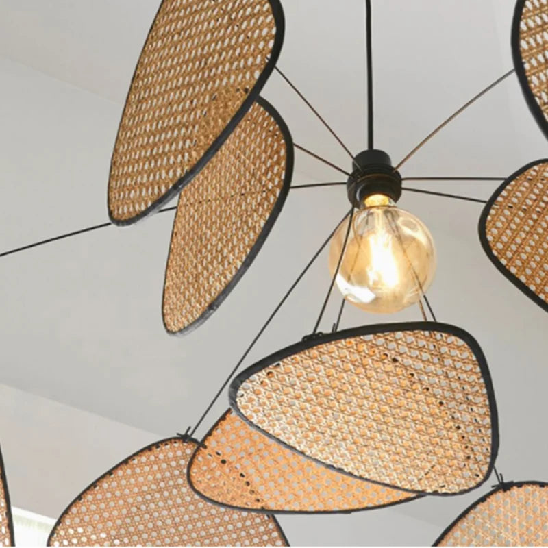 Hand-Woven Rattan Leaf Grid Chandelier E27 Wicker Pendant Lamp