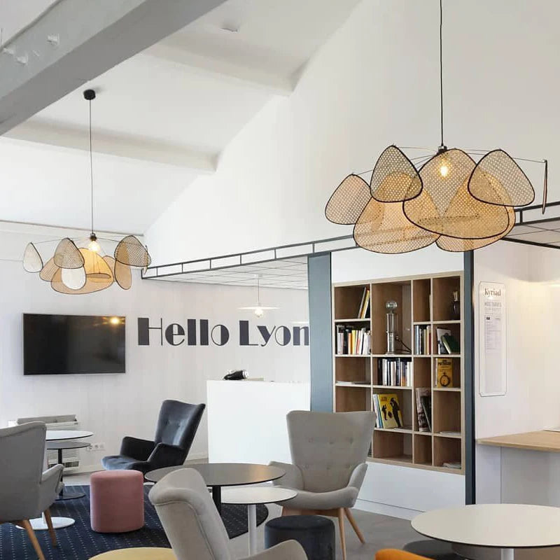Hand-Woven Rattan Leaf Grid Chandelier E27 Wicker Pendant Lamp