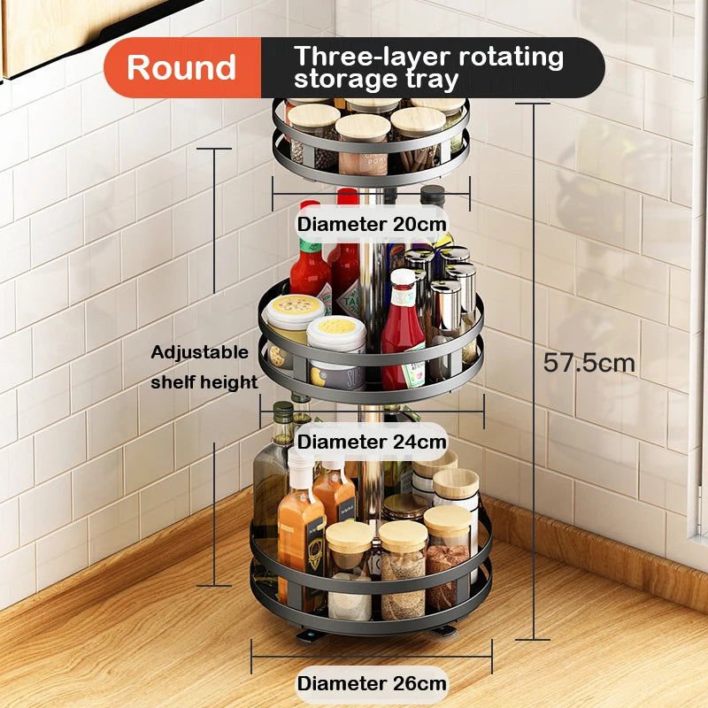 Multifunction Kitchen 3-layer Rotating Tray Storage Organizer Carbon Steel Spices Container Set Rack Jar Cans for Accessories