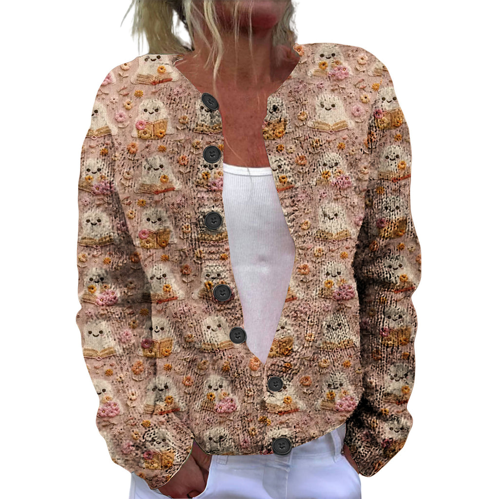Ll-Yk1 Halloween Cardigan Round Neck Long-Sleeved 3D Printed Sweater European and American Cross-Border Casual Women's Clothing Amazon Theme