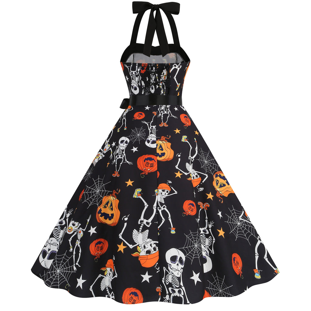 Factory direct supply 2024 Halloween new Hepburn style high waist slim hanging neck large swing long retro dress