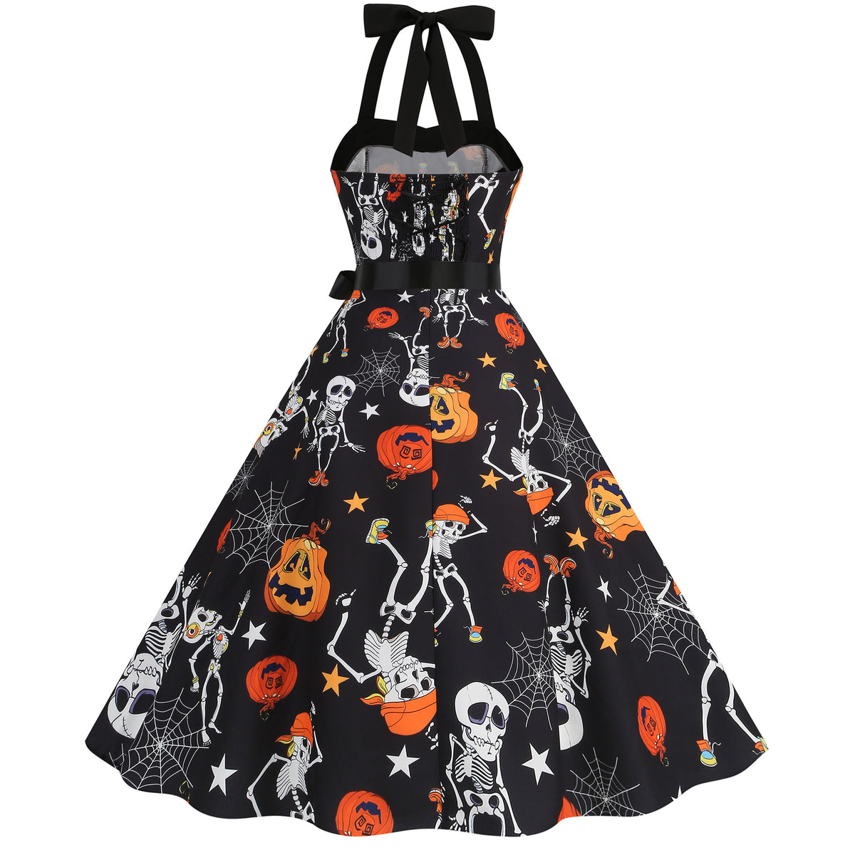 Factory direct supply 2024 Halloween new Hepburn style high waist slim hanging neck large swing long retro dress