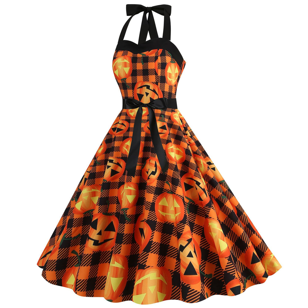 Factory direct supply 2024 Halloween new Hepburn style high waist slim hanging neck large swing long retro dress