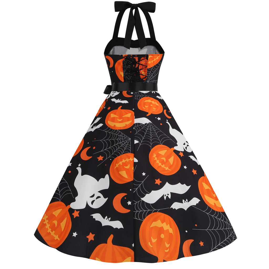 Factory direct supply 2024 Halloween new Hepburn style high waist slim hanging neck large swing long retro dress
