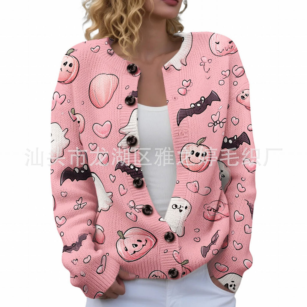 Ll-Yk1 Halloween Cardigan Round Neck Long-Sleeved 3D Printed Sweater European and American Cross-Border Casual Women's Clothing Amazon Theme