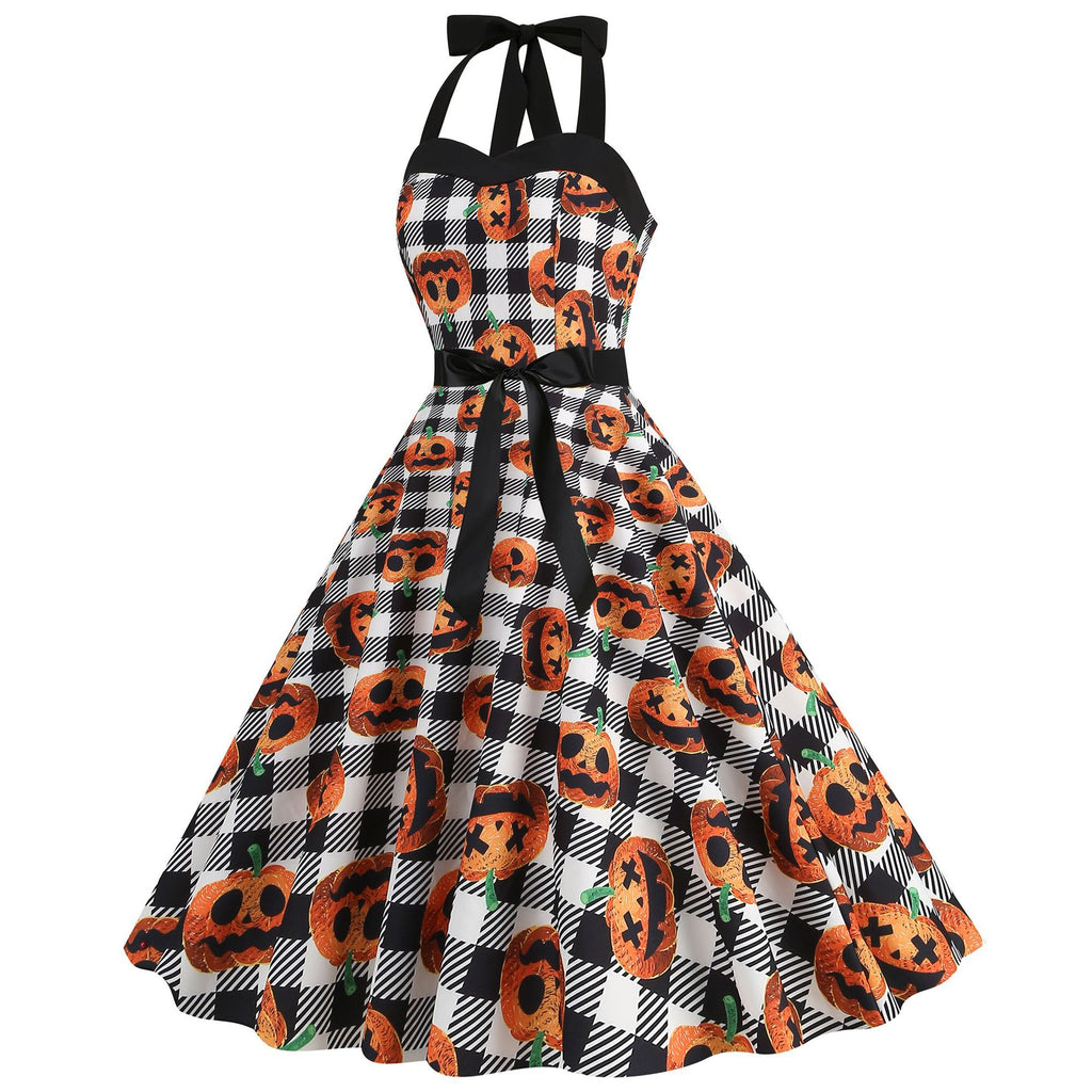 Factory direct supply 2024 Halloween new Hepburn style high waist slim hanging neck large swing long retro dress