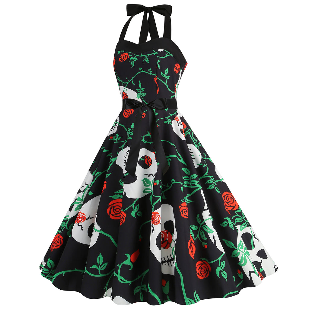 Factory direct supply 2024 Halloween new Hepburn style high waist slim hanging neck large swing long retro dress