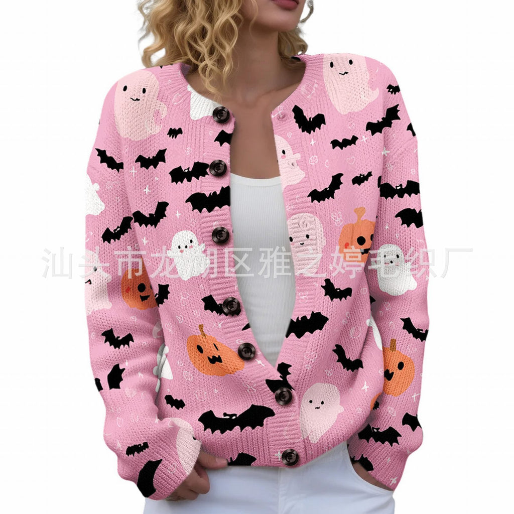 Ll-Yk1 Halloween Cardigan Round Neck Long-Sleeved 3D Printed Sweater European and American Cross-Border Casual Women's Clothing Amazon Theme