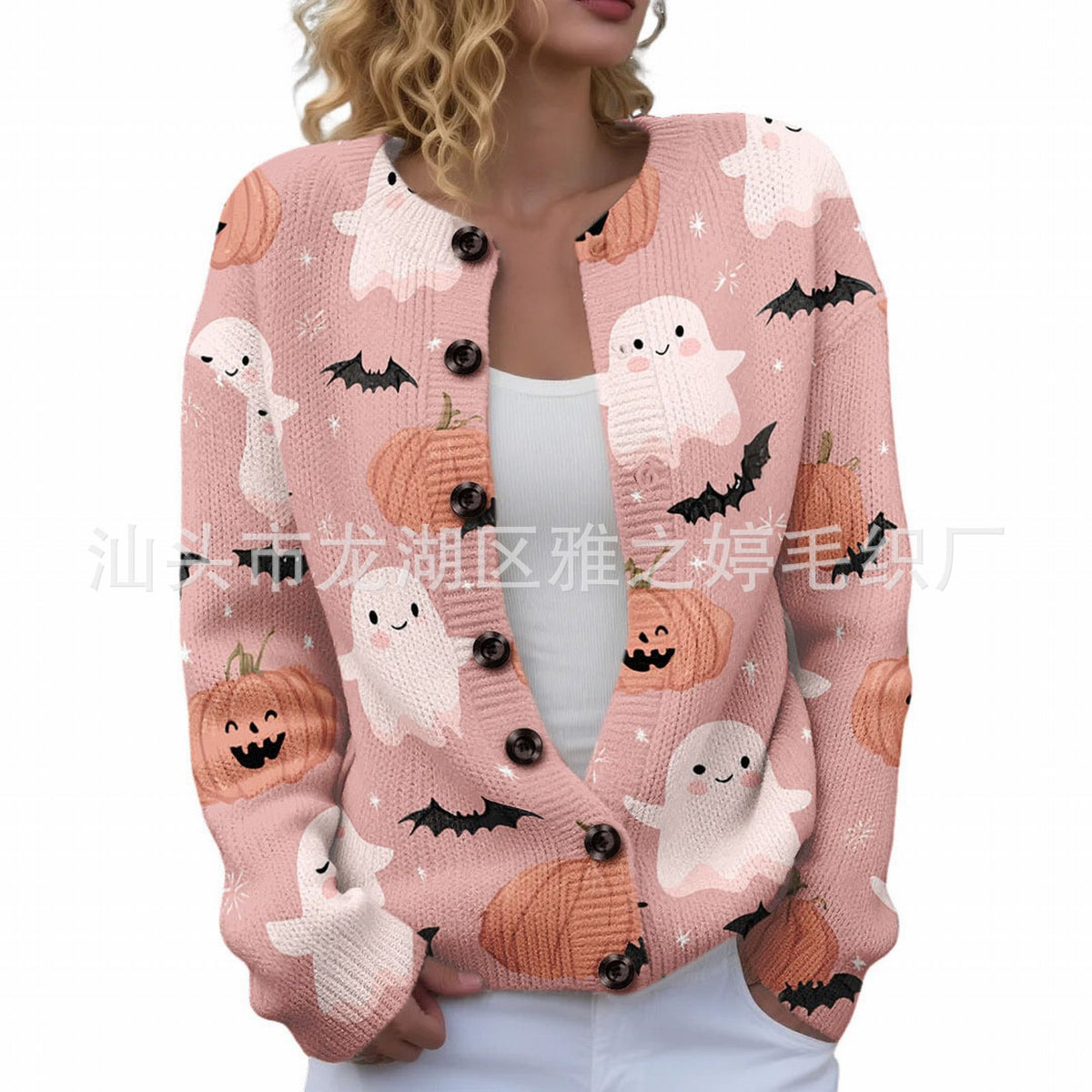 Ll-Yk1 Halloween Cardigan Round Neck Long-Sleeved 3D Printed Sweater European and American Cross-Border Casual Women's Clothing Amazon Theme