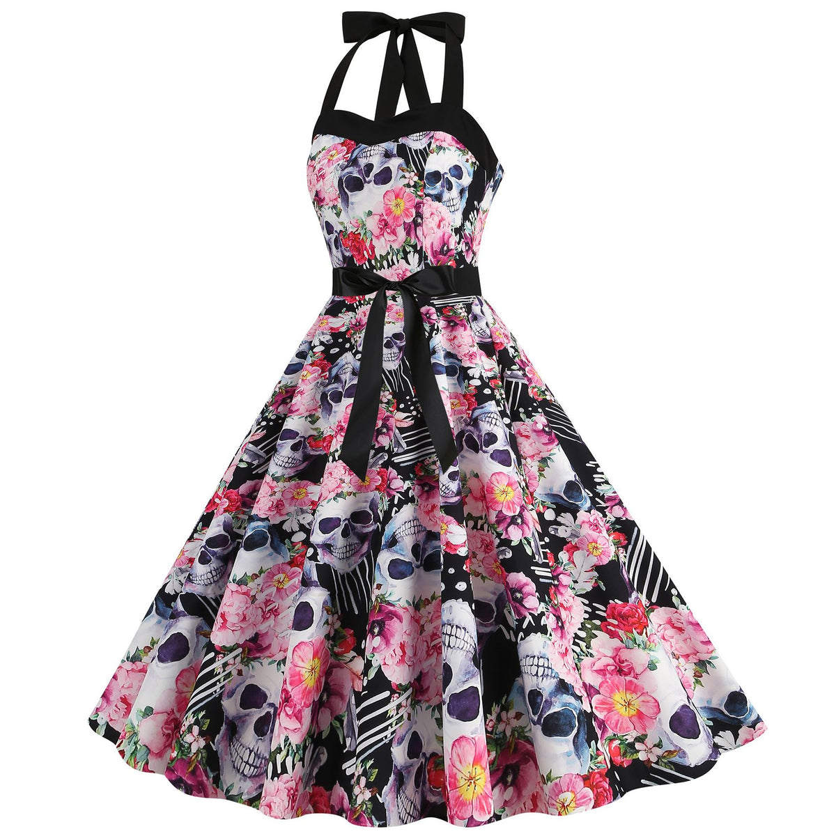Factory direct supply 2024 Halloween new Hepburn style high waist slim hanging neck large swing long retro dress