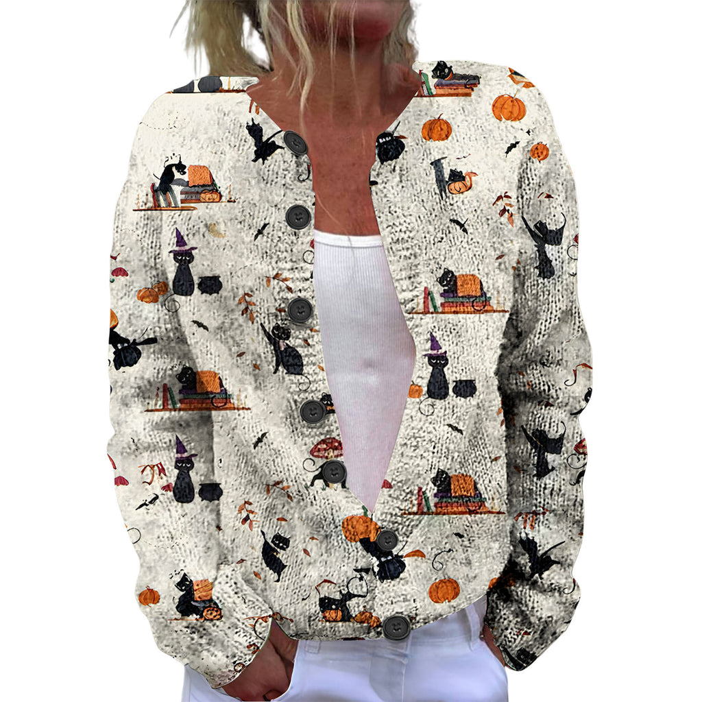 Ll-Yk1 Halloween Cardigan Round Neck Long-Sleeved 3D Printed Sweater European and American Cross-Border Casual Women's Clothing Amazon Theme