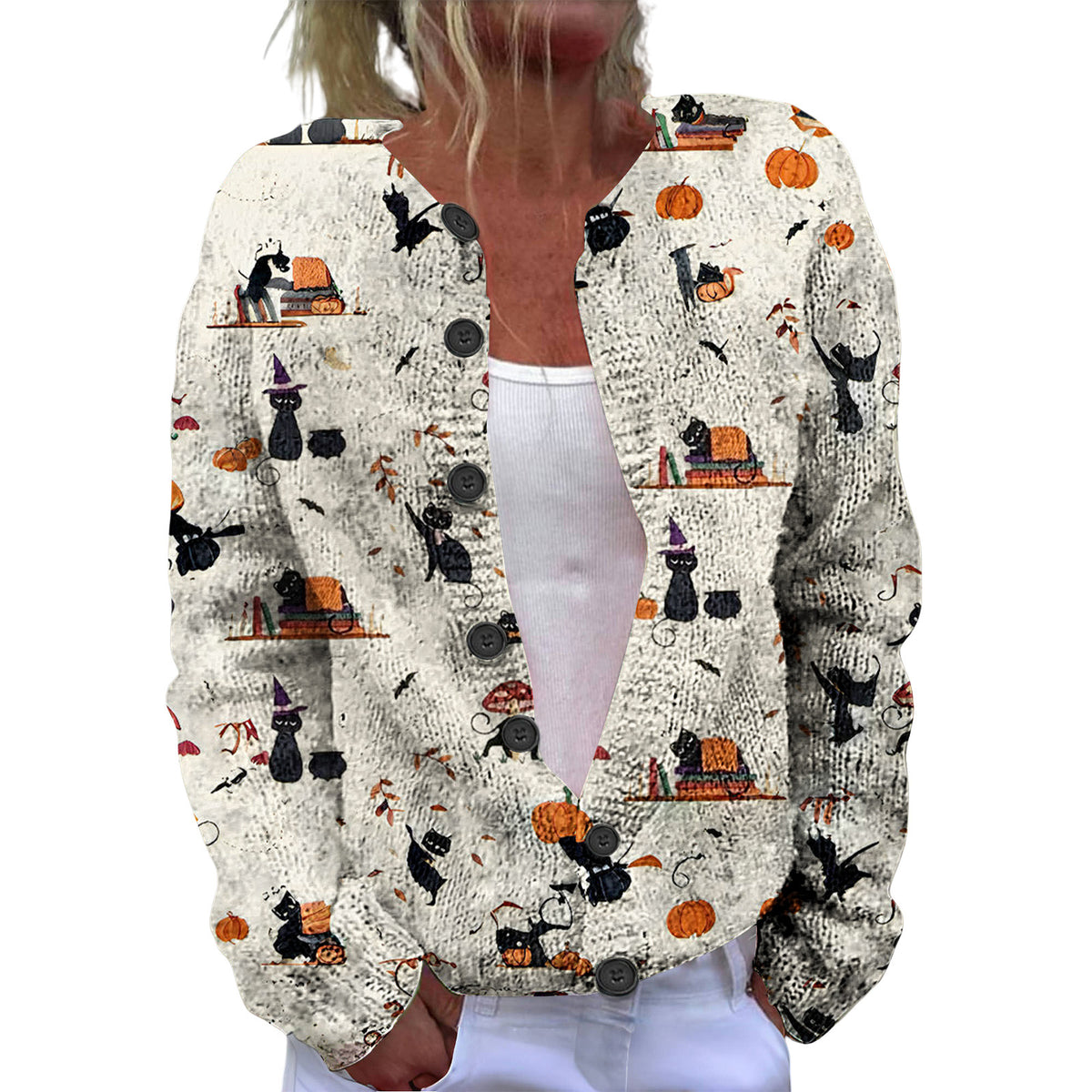 Ll-Yk1 Halloween Cardigan Round Neck Long-Sleeved 3D Printed Sweater European and American Cross-Border Casual Women's Clothing Amazon Theme