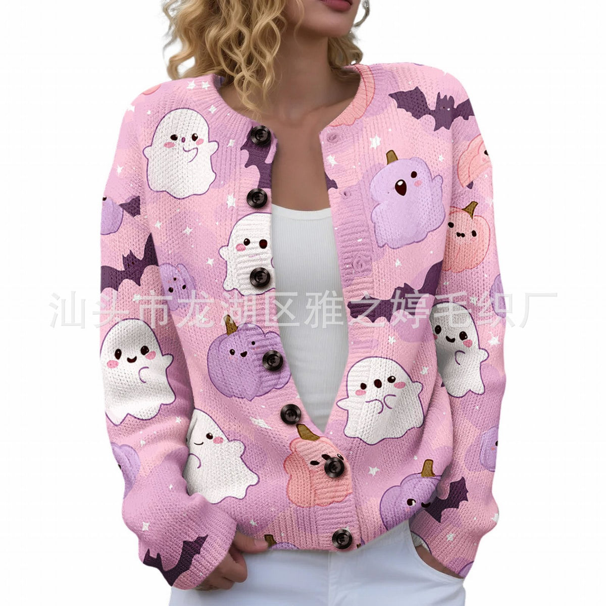 Ll-Yk1 Halloween Cardigan Round Neck Long-Sleeved 3D Printed Sweater European and American Cross-Border Casual Women's Clothing Amazon Theme