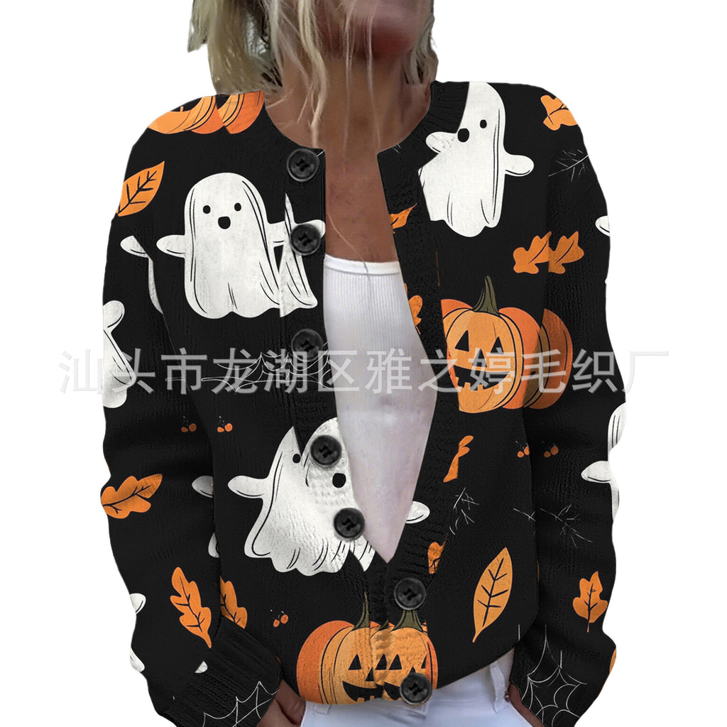 Ll-Yk1 Halloween Cardigan Round Neck Long-Sleeved 3D Printed Sweater European and American Cross-Border Casual Women's Clothing Amazon Theme