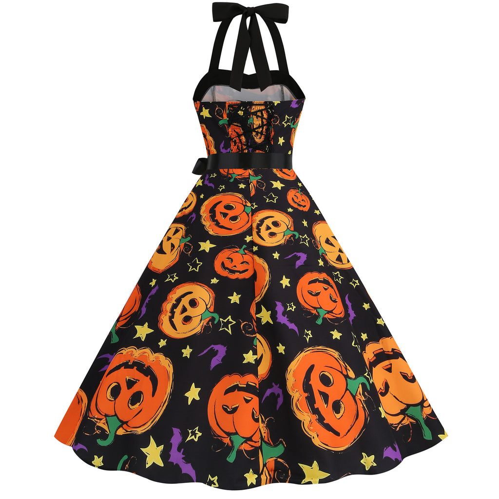 Factory direct supply 2024 Halloween new Hepburn style high waist slim hanging neck large swing long retro dress