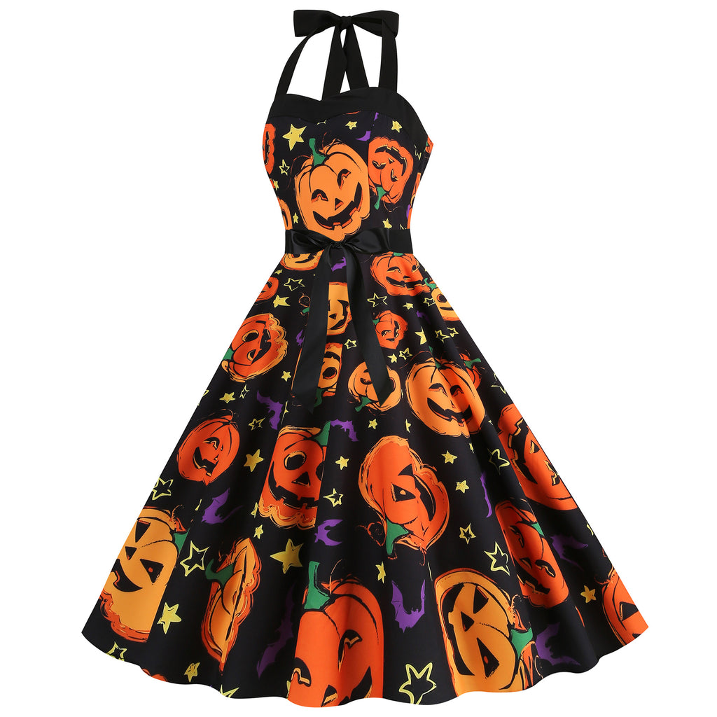 Factory direct supply 2024 Halloween new Hepburn style high waist slim hanging neck large swing long retro dress