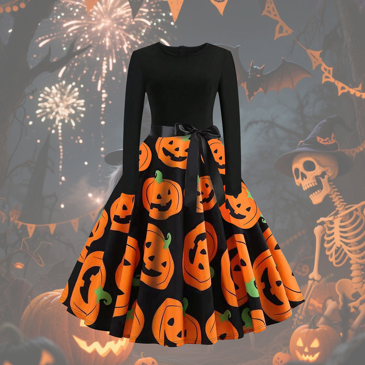 Cross-Border Amazon European and American Clothing Hot Sale Pumpkin Bow Halloween Dress Long-Sleeved Princess Holiday Casual