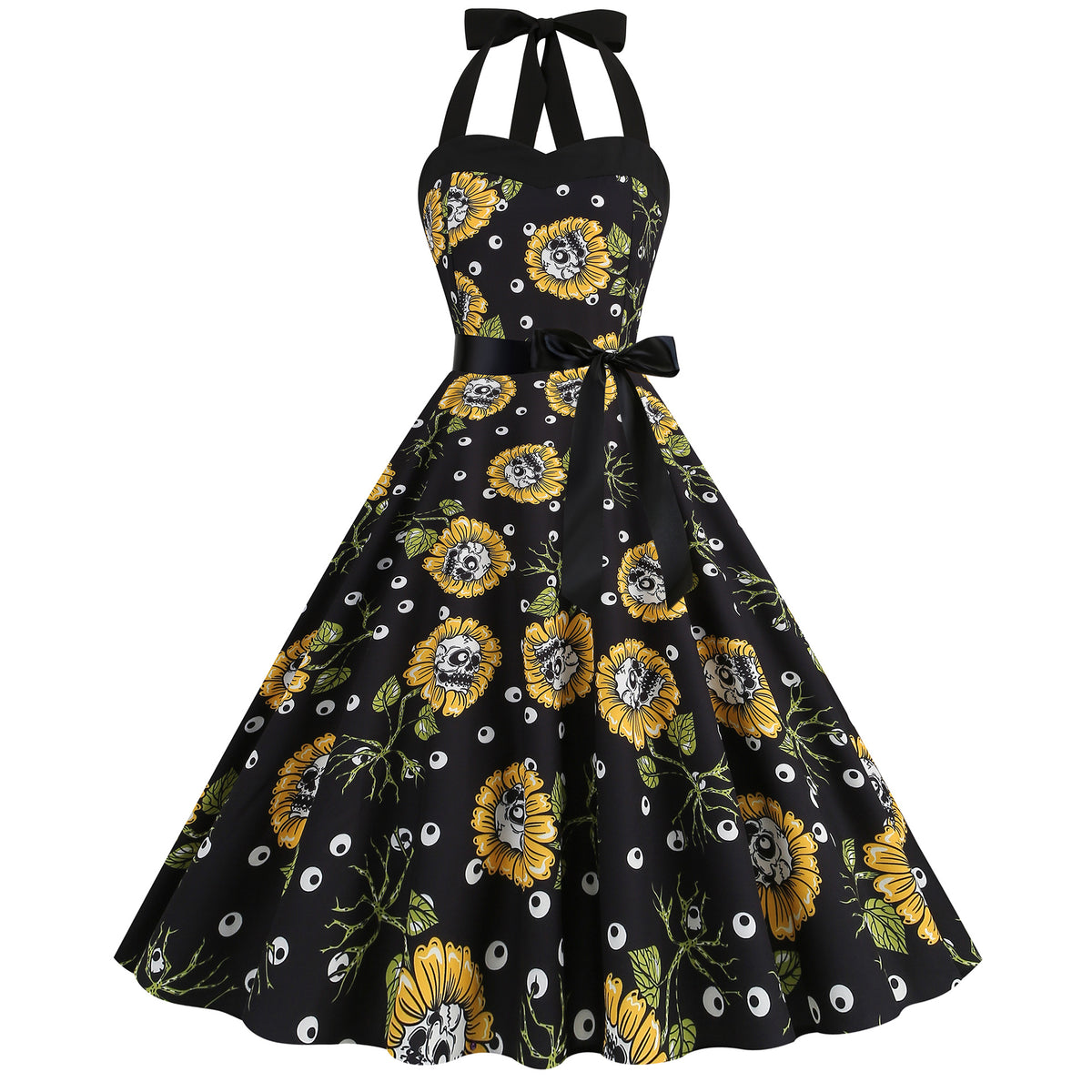 Factory direct supply 2024 Halloween new Hepburn style high waist slim hanging neck large swing long retro dress