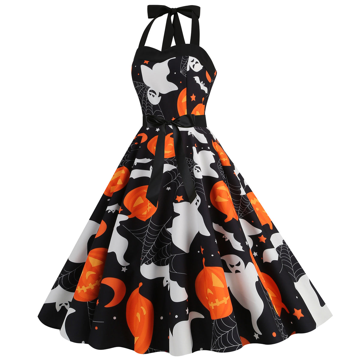 Factory direct supply 2024 Halloween new Hepburn style high waist slim hanging neck large swing long retro dress