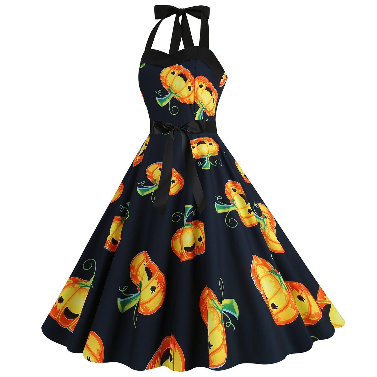 Factory direct supply 2024 Halloween new Hepburn style high waist slim hanging neck large swing long retro dress